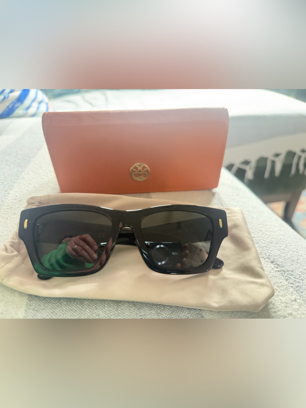 Tory Burch Black Square Sunglasses with Orange Case